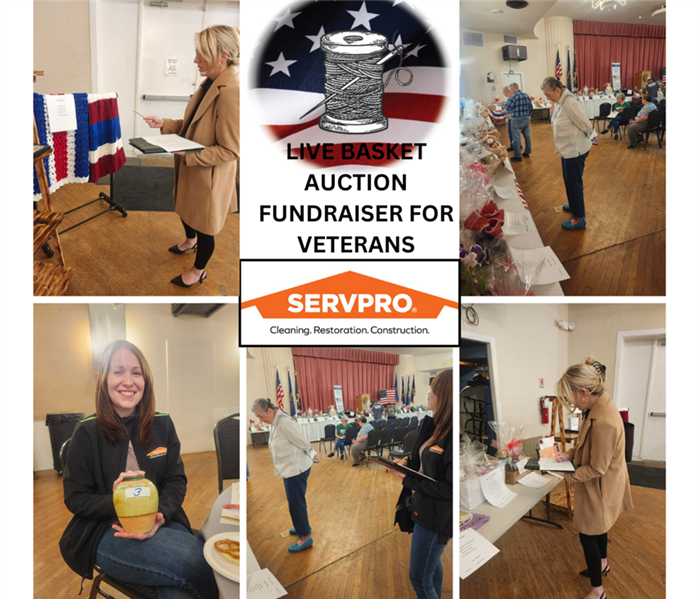 A 5 photo collage of SERVPRO members at a live basket auction. Baskets and patriotic quilts can be seen in the background.